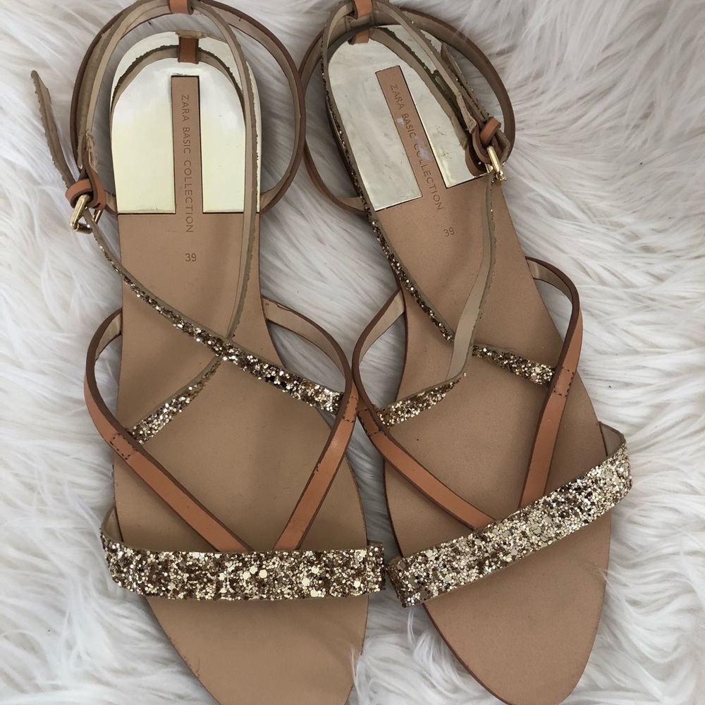 Zara Gold glitter sandals with beige flats